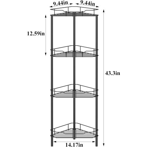 4 Tier Floor Standing Corner Shower Caddy Organizer Shelf with Hooks, Bathroom Shelves Stand Rack, Black