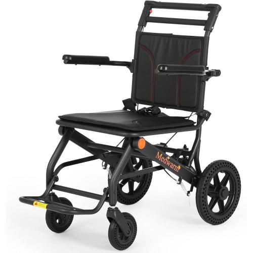 Portable Aluminum Transport Wheelchair with Handbrake, 11 Rear Wheels, Ultralight Folding Travel Wheelchair for Adults, Black (Seat Width:17.75)