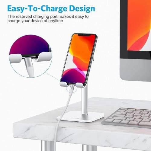 OMOTON Cell Phone Stand, Adjustable Angle Height Desk Phone Dock Holder for iPhone Air 17 Pro Max/Plus/XS/XR, Samsung Galaxy S20 / S10 / S9 / S8 and Other Phones (3.5-7.0-Inch),Silver/White***