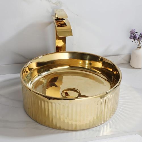 Bathroom Vessel Sink 15 Inch Gold Ceramic Vessel Sink with Waterfall Faucet and Pop-Up Drain Combo,Above Counter Round Bathroom Sink Bowl,Sink for Bathroom