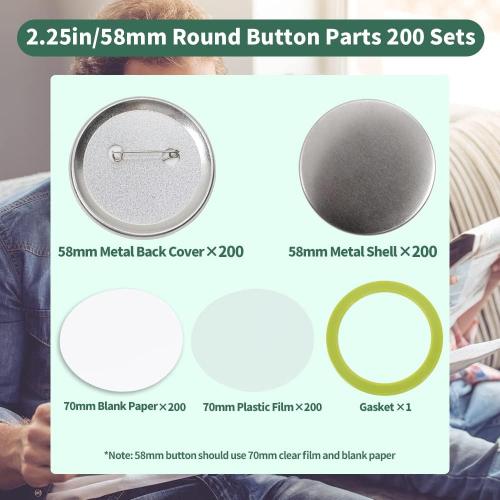 200 Sets 2.25 inch Button Maker Supplies, 58mm Button Supplies Parts Badge Part, Buttons Making Supplies, Includes Metal Pin Back Cover, Metal Shells, Blank Paper&Clear Film