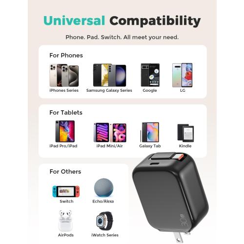2-in-1 Retractable Wall Charger Plug with USB C Port and 27in/70cm Type C Cable,Travel Essentials 30W Fast Charging Foldable Block for iPhone 16/15/,iPad,Galaxy,Pixel-Black