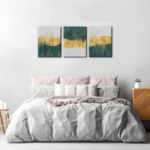 Pacimo Canvas Art Wall Decor Geometric Gold Green Pictures Strokes Abstract Shapes Illustrations Painting Prints on Canvas 3 Pieces Modern Artwork Stretched and Framed Ready to Hang - 12 x 16 x 3