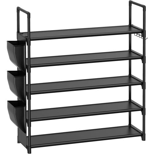 VILICK 5 Tier Shoe Rack with Hook and Side Pocket,Shoe Organizer Space Saver Storage for 20-25 Pair Shoe Storage Shelf Sturdy Free Standing Long Shoe Rack Organizer for Closet,Entryway,Small Spaces