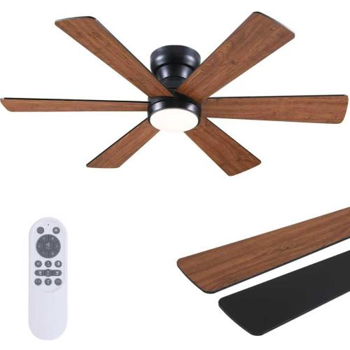 Asyko 46Brown 6-Blade Modern Low Profile Ceiling Fan with Light and Remote