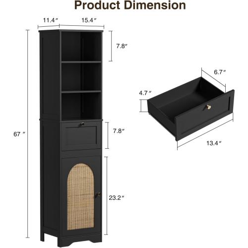 Size 67H Color Black Bathroom Storage Cabinet with Rattan Doors and Slide Storage, Tall Narrow Standing Tower Cabinet with Adjustable Shelves, Small Bathroom Floor Organizer for Entryway, Kitchen, Black