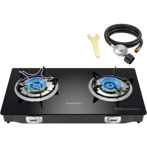 2 Burner Propane Stove 27,200 BTU High-Efficiency Tempered Glass Auto-Ignition Gas Burner Stove Top with CSA Hose for Outdoor RV Camping Emergency Cooking