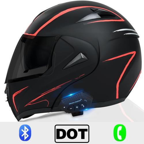 Motorcycle Bluetooth Modular Helmet, DOT Approved Dual Visor Full Face Flip Up Bluetooth Integrated Motorcycle Helmet for Adults Men and Women