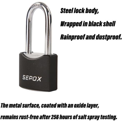 SEPOX® 1-9/16 All-Weather Outdoor Padlocks Keyed Alike, 1-3/4 Long Shackle, Solid Steel Lock, Heavy-Duty with Black Cover, Design for Gate Fence Cabinet Toolbox School Gym Locker with 2pcs Same Key