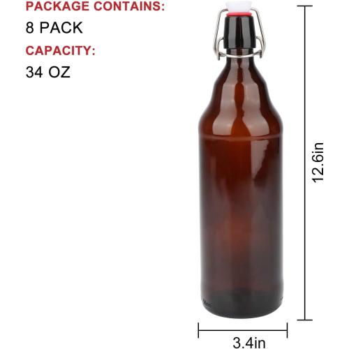 Glass Bottles, Refillable Brown Glass Storage Bottle with Swing Top Lids, Amber Iron Clasp Bottles with Stickers&Pen for Home Brewing, Drinks, Sauces, Industrial products, etc (1000ML, 8 PCS)