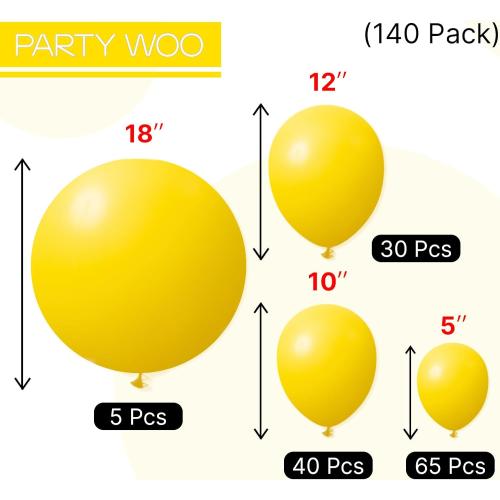 PartyWoo Yellow Balloons 140pcs Different Sizes of 18 12 10 5 Inch Matte Yellow Latex Balloon Arch Kit Garland for Easter Bee Baby Shower Sunflower Birthday Graduation Party Decorations Yellow-Y55