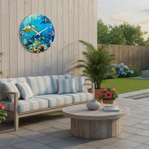 Crosstime 16 Inch Large Outdoor Wall Clock Waterproof - Sea Turtle & Coral Reef Ocean Life Theme, Tempered Glass Face - Silent Coastal Decor Clock for Outside Patio, Poolside, Garden, Beach House