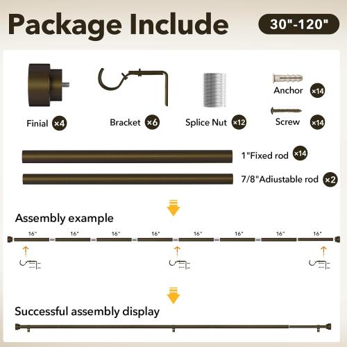Heavy Duty Curtain Rods for Windows 66 to 120 Inch, 1 Inch Bronze Curtain Rods Set of 2 Pack for Outdoor Patio, Farmhouse, Bedroom, Adjustable Easy Install Modern Drapery Rod (Bronze,30-120-2p)