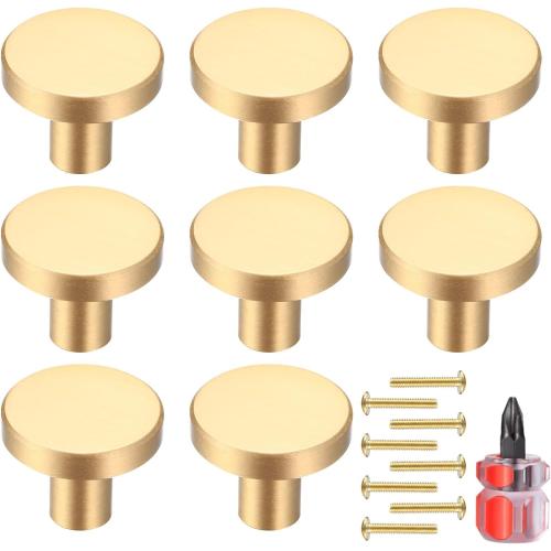 Gold Cabinet Knobs, 8 Pcs Brushed Brass Round Kitchen Cabinet Hardware Pulls Knobs Gold for Dresser Drawer Cupboard Furniture Closet Wardrobe Door Knobs Handles, with Screwdriver, 20x25 mm