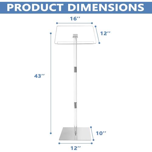 Podium Stand, Lecterns & Podiums, Acrylic Podium, Portable Podium Stand, Adjustable Angles with Metal Base, Podium for Classroom, Church, Weddings, Speech, 16 L x 12 W x 43 H, Clear