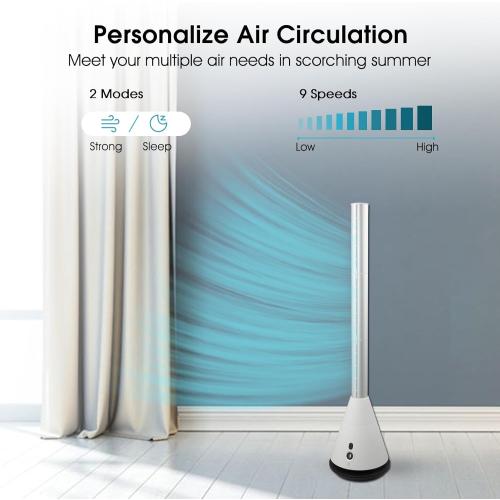 Bladeless Tower Fan with 9 Speeds, 80° Wide Oscillating Cooling Fan, Electric Standing Floor Fan with 8H Timer, Space-Saving Design for Bedroom Office
