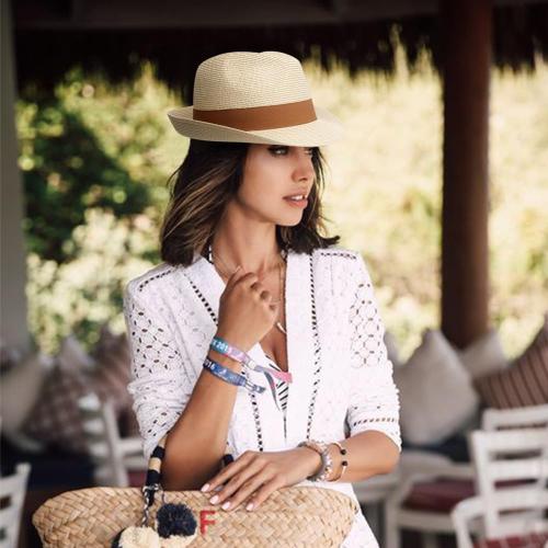 Summer Straw Fedora Hat for Women Men Travel Panama Hat with Wide Brim Roll Up Sun Hat for Beach Outdoor UPF 50