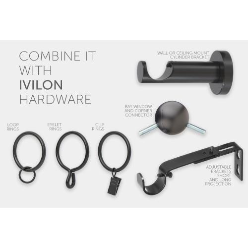 Ivilon Curtain Rods for Windows - Long End Cap Design, 1 inch Diameter, Telescoping Adjustable Curtain Rod, 72 to 144 Inches. Color Black