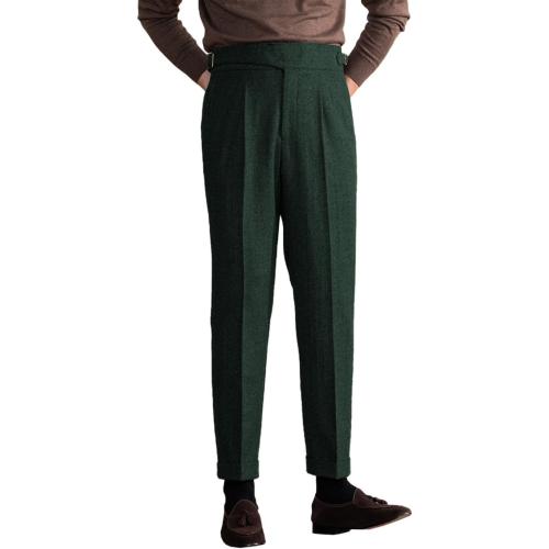 Men's Vintage Pants Tweed Herringbone Knit Pleated Pants Casual Business Suit Trousers 36 XL