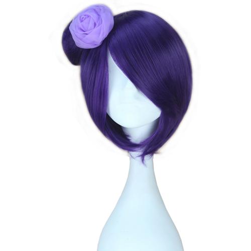 Miss U Hair Adult Costume Wig Short Straight Purple Cosplay Halloween Wig with Bun Flower