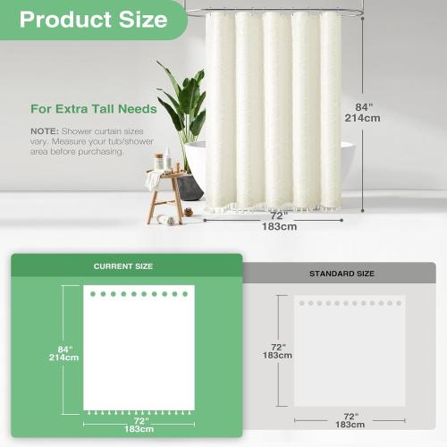 Dynamene Extra Long Shower Curtains, 84 Inches Long Boho Tufted Geometric Striped Fabric Shower Curtains for Bathroom, Tall Shabby Chic Waterproof Cloth Shower Curtain Set with Hooks, Cream, 72x84