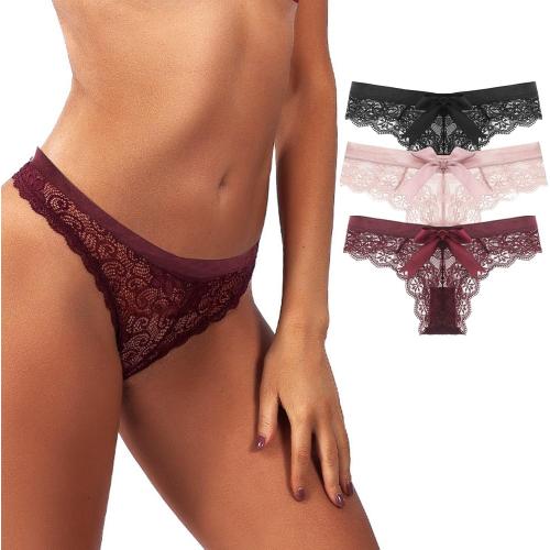Size L...Women Lace Bow Thongs,T Back Low Waist Panties Sexy V-Shape Design Floral Lace, Breathable Panties Undies for Women 3-Pack