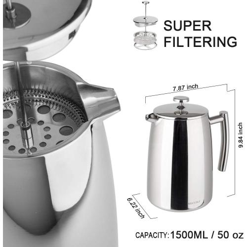 Secura French Press Coffee Maker, 50-Ounce, 304 Stainless Steel Insulated Coffee Press with Extra Screen