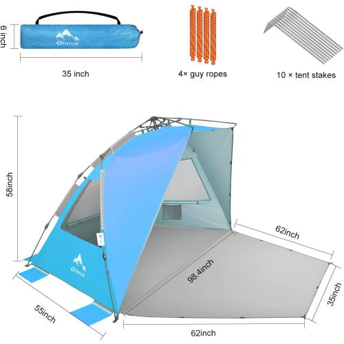 Oileus XX-Large Beach Tent Sun Shelter for 5-6 Person Portable Sun Shade Instant Pop Up Tent for Beach with Carrying Bag, Stakes, 6 Sand Pockets, Anti UV for Fishing Hiking Camping Blue