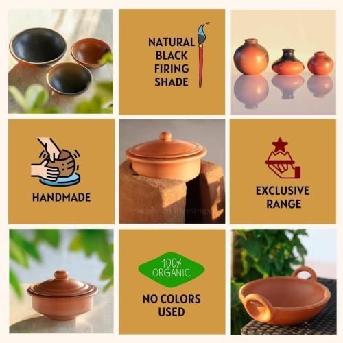 Swadeshi Blessings HandMade Unglazed Clay Pot for Cooking with Lid, 4Liters | Chemical-Free, Multi-Use Clay Cookware, Mud Handi, Mitti Ke Bartan, Biryani Pot, Earthen Kadai, Free Cleanser&Palm Leaf Stand
