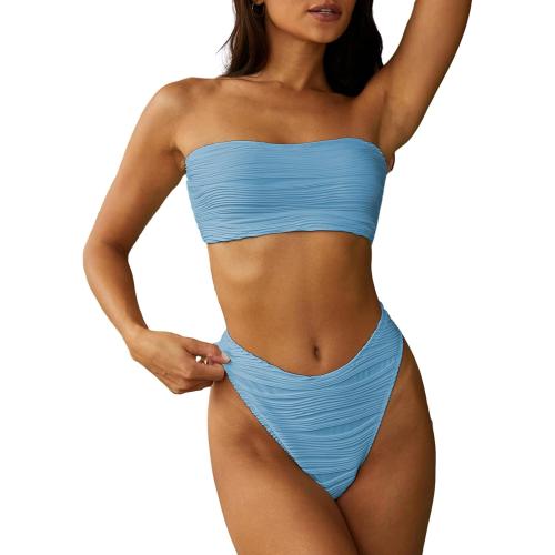 ZAFUL Women Strapless Textured Bandeau Bikini 2 Piece Swimwear Cheeky Solid Lace up Bathing Suits