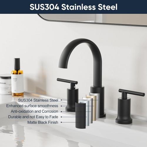 3 Matte Black Waterfall Bathroom Faucet 3 Hole, Widespread Two Handle Bathroom Sink Faucet Vanity Faucet, 8 Inch Bathroom Faucets for Sink with cUPC Supply Lines and Pop-Up Drain