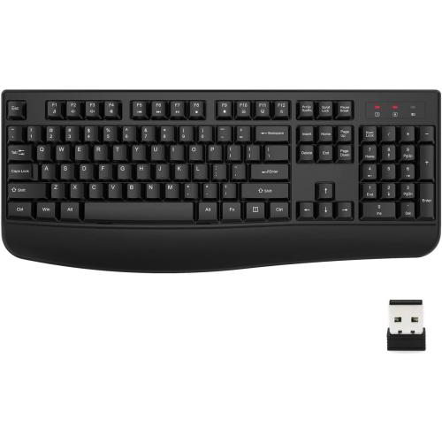 Wireless Keyboard, 2.4G Ergonomic Full Size Wireless Computer Keyboard with Wrist Rest for Windows, Mac OS Desktop/Laptop/PC（Black）