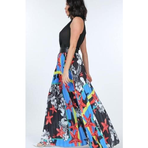 SIZE.L.     Print Maxi Skirt with Leather Waist Band, Fashion Womens Maxi Skirt Casual Maxi Skirt Womens Work Maxi Skirt