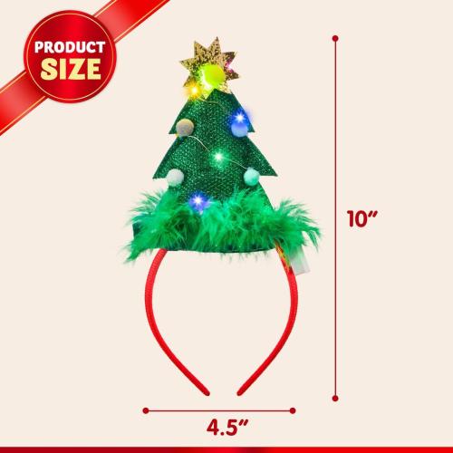 JOYIN 2 PCS Lighted Christmas Headbands with LED lights in Springy Santa Hat Tree Designs for Christmas and Holiday Parties (ONE SIZE FIT ALL)