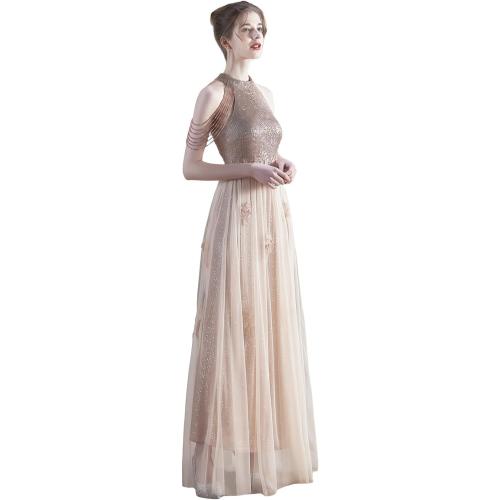 Size M Women Elegant Sequins Cocktail Dress Prom Ball Evening Gowns for Women Halter Wedding Dress Beaded Sleeve Mesh A Line Dresses