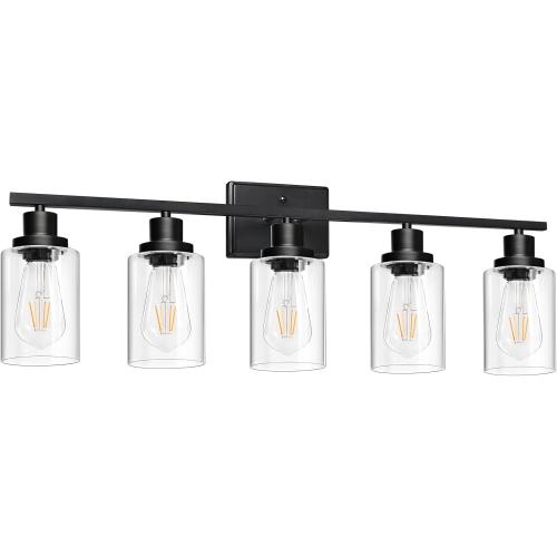 Ascher 5-Light 37.8 Wall Sconces, Modern Vanity Light Fixture with Clear Glass Shade, Black Finish Wall Light for Mirror Bedroom Hallway, E26 Base (Bulbs Not Included)