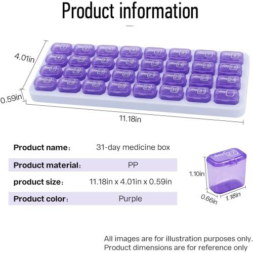 Monthly Pill Organizer, Large Travel Pill Box 31 Day, Daily Pill Case, Pill Holder Container for Vitamin, Medicine, Supplement, Fish Oil, Purple