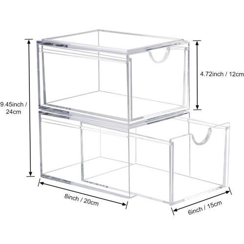 2 Pack Clear Stackable Storage Drawer, Bathroom Makeup Organizer, Plastic Storage Bins, Acrylic Organization and Storage for Vanity, Kitchen Cabinets, Pantry, Undersink