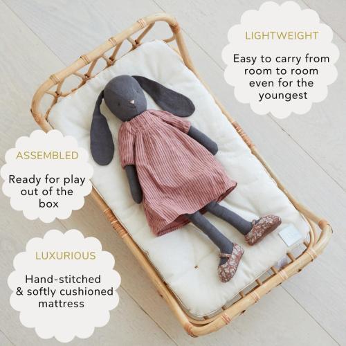 BEBE BASK Large Premium Rattan Doll Bed - Handcrafted & Award-Winning - - Fits American Girl & Our Generation - Luxe Mattress - Baby Photoshoot Props (Large)