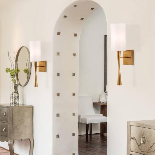 Modern Antique Brass Brush Paint Finish Wall Sconce Set of 2, with Creamy-White Fabric Straight Shade for Vanity Stairway Fireplace Kitchen Living Room Bedside