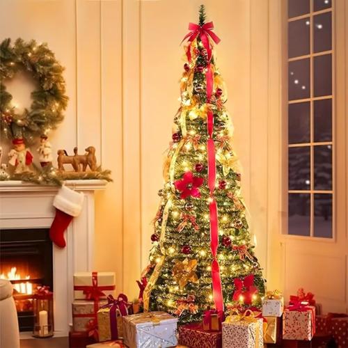 6 ft pre-lit Decorated Christmas Tree, 200 LED Warm Lights, Prelit pop-up Christmas Tree, Fully Decorated 66 Ornaments, Collapsible Pull Up Christmas Tree with Lights for Indoor Home Party Decor