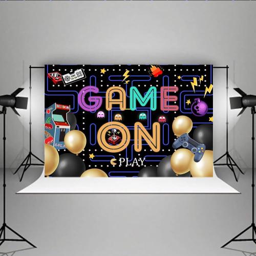 Lofaris Game On Backdrop Video Game for Boys Birthday Photography Background Colorful Lights Party Supplies Kids Adults Gaming Party Decorations Baby Shower Cake Table Photo Booth 9x6ft
