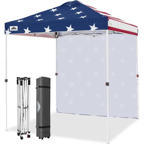EAGLE PEAK 6.6x6.6 Pop Up Canopy Tent with 1 Sidewall, American Flag | Easy Up Outdoor Canopy, PeakPush™ Center Lock Heavy Duty Instant Event Tent for Parties, Vendors & Sports, Wheeled Carry Bag