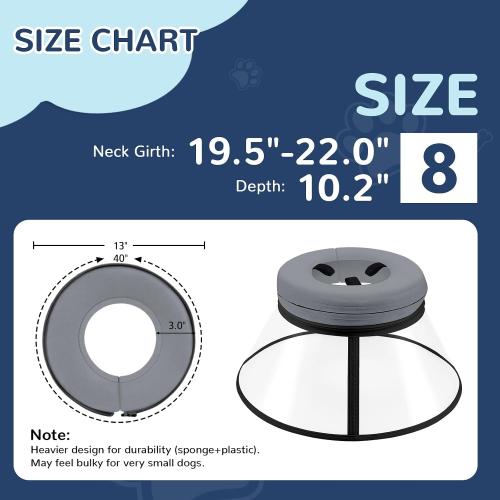 Sponge Core Dog Cone, Inflatable Dog Cone Collar Alternative, Dogs Donut Collar After Surgery, Soft Cone for Large Medium Small Dogs to Stop Licking, No Inflation Required, Clear View(Size 8, Gray)