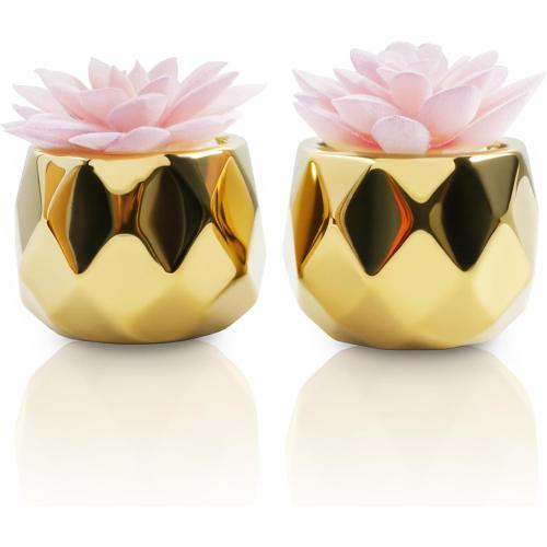 VIVERIE Mini Succulents Plants Artificial in Pots-Pink with Golden Ceramic, Christmas Small Fake Succulents Plants for Home Decor Indoor for Women, Set of 2, Gifts for Mom