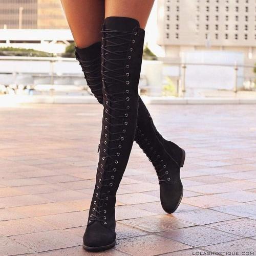 Size/11 YING LAN Women's Over The Knee Low Heel Lace Up Tall Boots