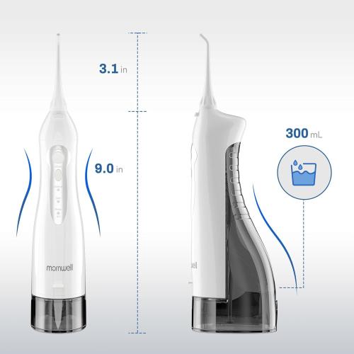 Mornwell Water Flosser Cordless, Water Flossers for Teeth - 300ML Tank and 4 Jet Tips, 3 Modes Portable Dental Oral Irrigator, Braces Care, Rechargeable Waterproof Portable Water Flosser (White)