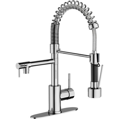 Dual Spout Kitchen Faucet with Pull Down Sprayer, Chrome Stainless Steel Commercial Sink Faucet, Single Handle, 1 or 3 Hole Install, for Farmhouse RV Laundry Utility Wet Bar