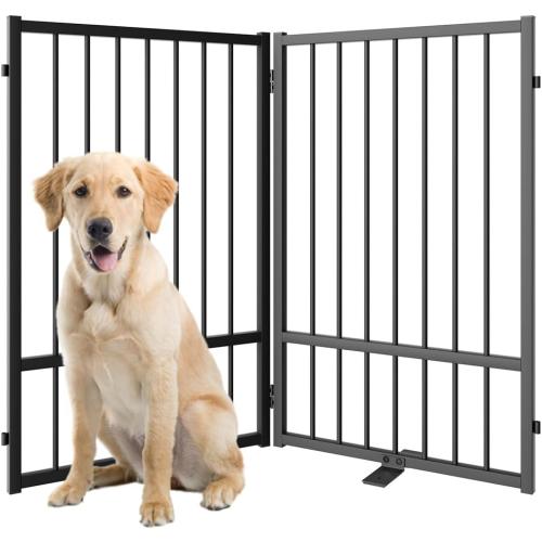 Full Metal Freestanding Dog Gate with Door, 32''Height Foldable Pet Dog Fence for Indoor & Outdoor, 2 Panels Extra Wide Free Standing TallDog Gates for Doorways,House,Stairs,Porch,Deck,Yard