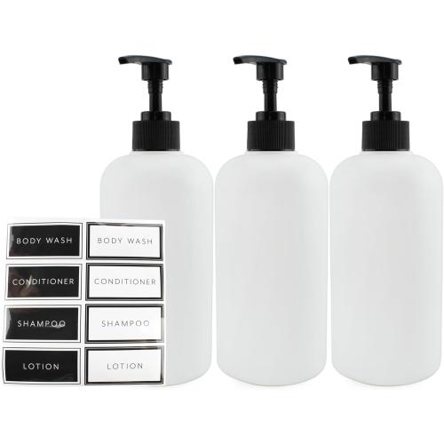 Cornucopia Brands Shower Pump Bottles (Set of 3, White); 16oz Plastic Pump Dispensers for Shampoo, Conditioner, and Body Wash
